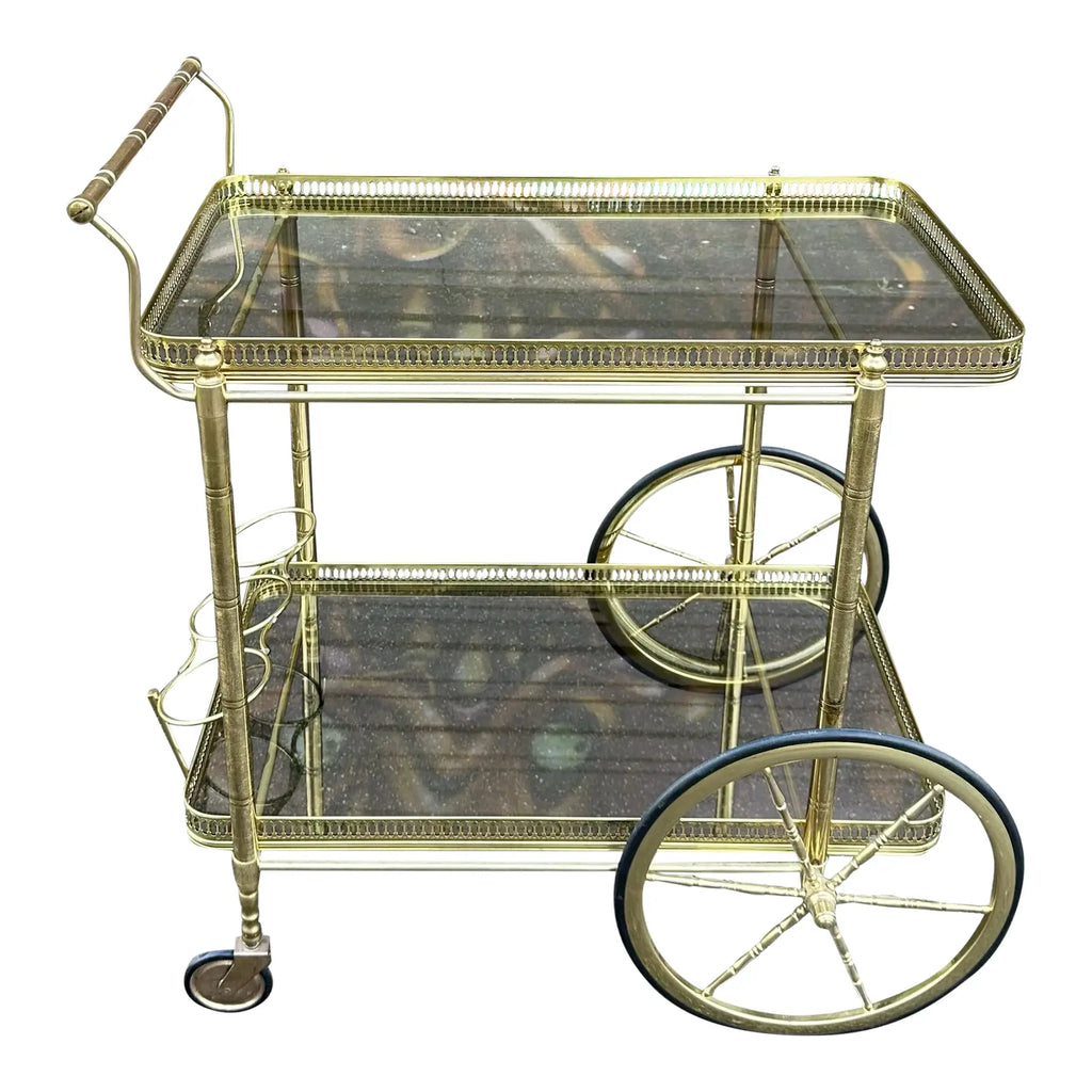 Maison Jansen Style Two Tiered Brass Bar Cart Hollywood Regency