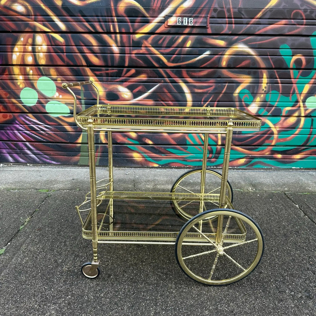 Maison Jansen Style Two Tiered Brass Bar Cart Hollywood Regency