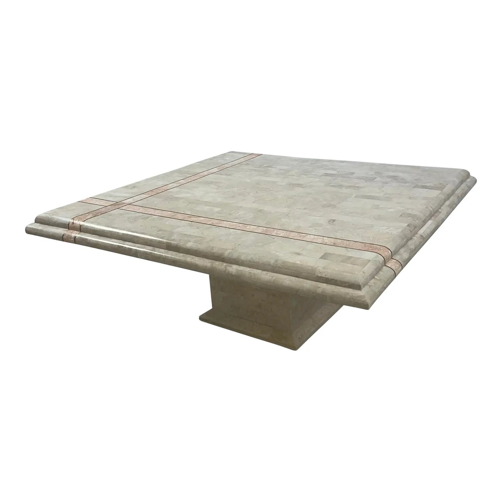 Maitland Smith Tessellated Travertine Pink Marble and Brass Square Coffee Table