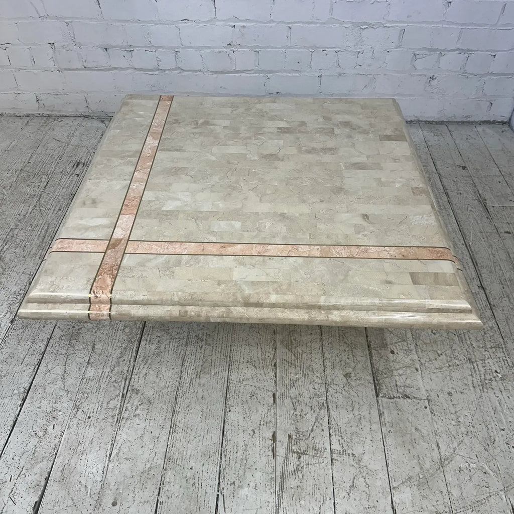 Maitland Smith Tessellated Travertine Pink Marble and Brass Square Coffee Table