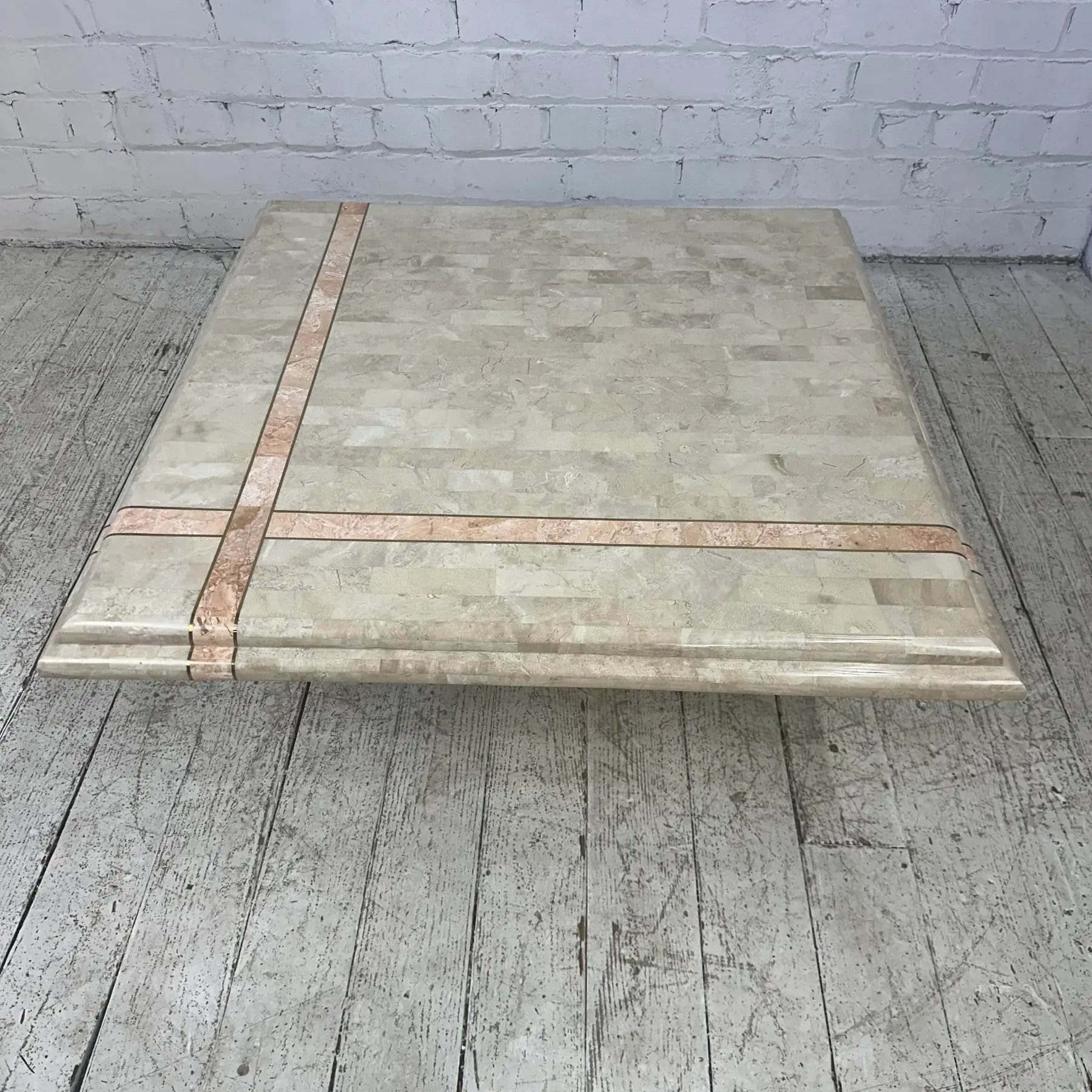 Maitland Smith Tessellated Travertine Pink Marble and Brass Square Coffee Table