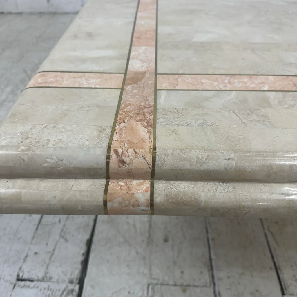 Maitland Smith Tessellated Travertine Pink Marble and Brass Square Coffee Table