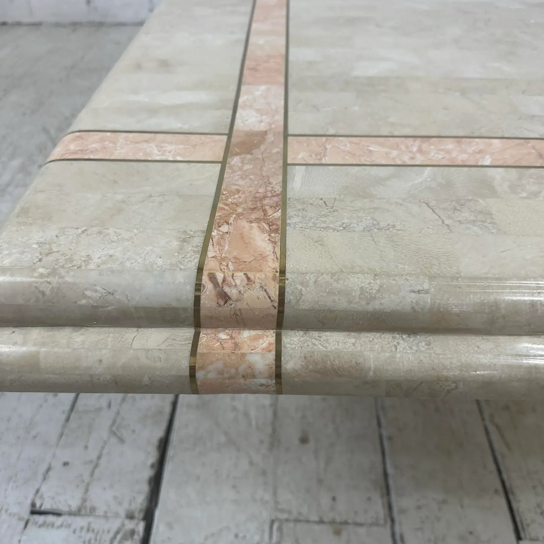 Maitland Smith Tessellated Travertine Pink Marble and Brass Square Coffee Table