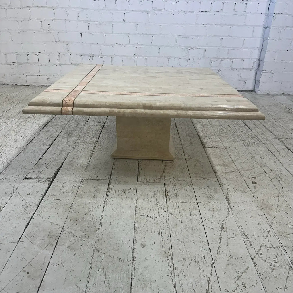 Maitland Smith Tessellated Travertine Pink Marble and Brass Square Coffee Table