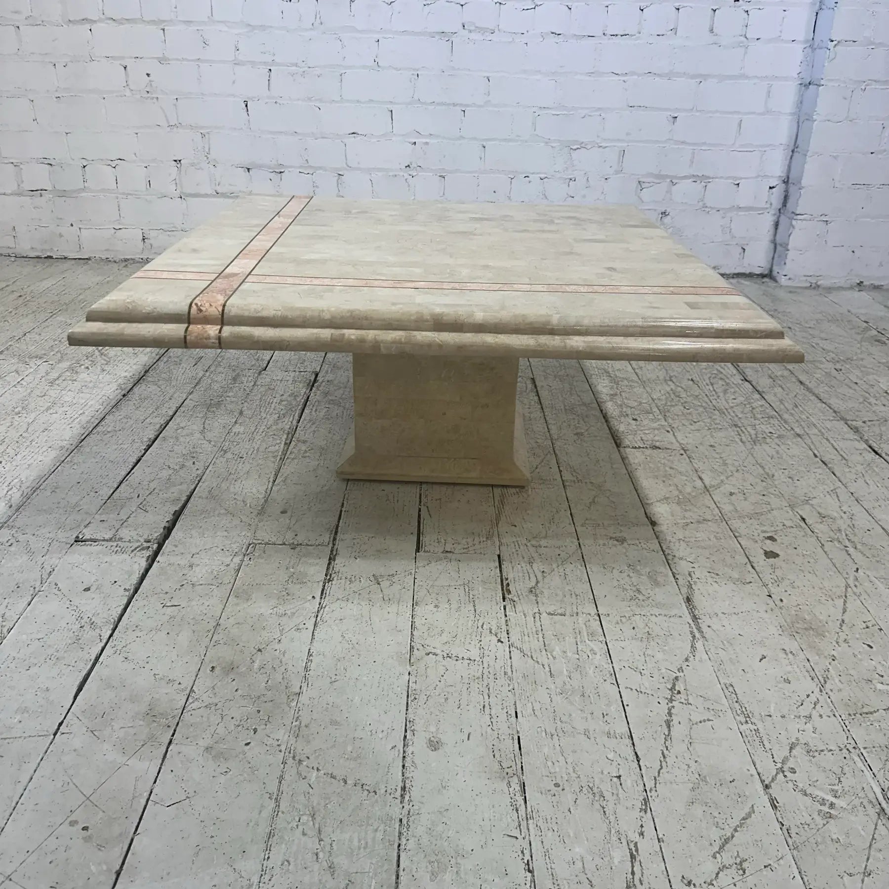 Maitland Smith Tessellated Travertine Pink Marble and Brass Square Coffee Table