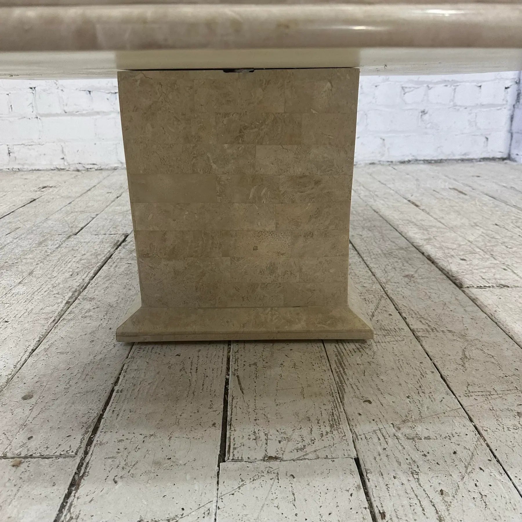 Maitland Smith Tessellated Travertine Pink Marble and Brass Square Coffee Table