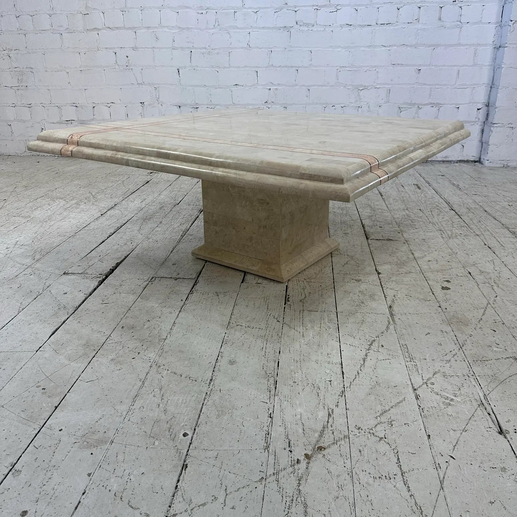 Maitland Smith Tessellated Travertine Pink Marble and Brass Square Coffee Table