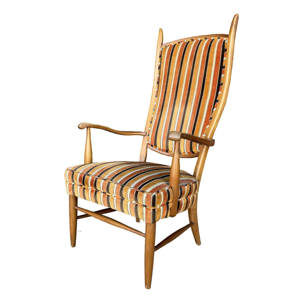 Maxwell Royal Orange and Brown Striped Mid-Century Modern High Back Arm Chair
