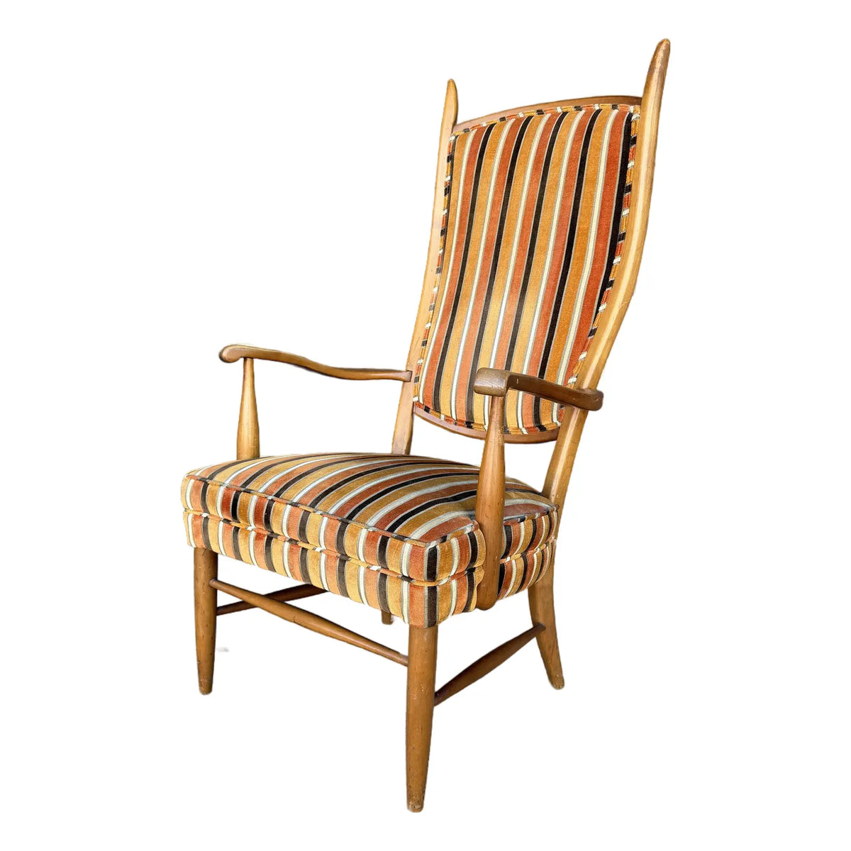 Maxwell Royal Orange and Brown Striped Mid-Century Modern High Back Arm Chair