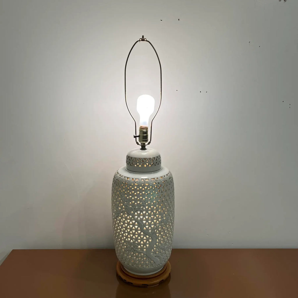 Mid-20th Century Cherry Blossom Pottery Lamp