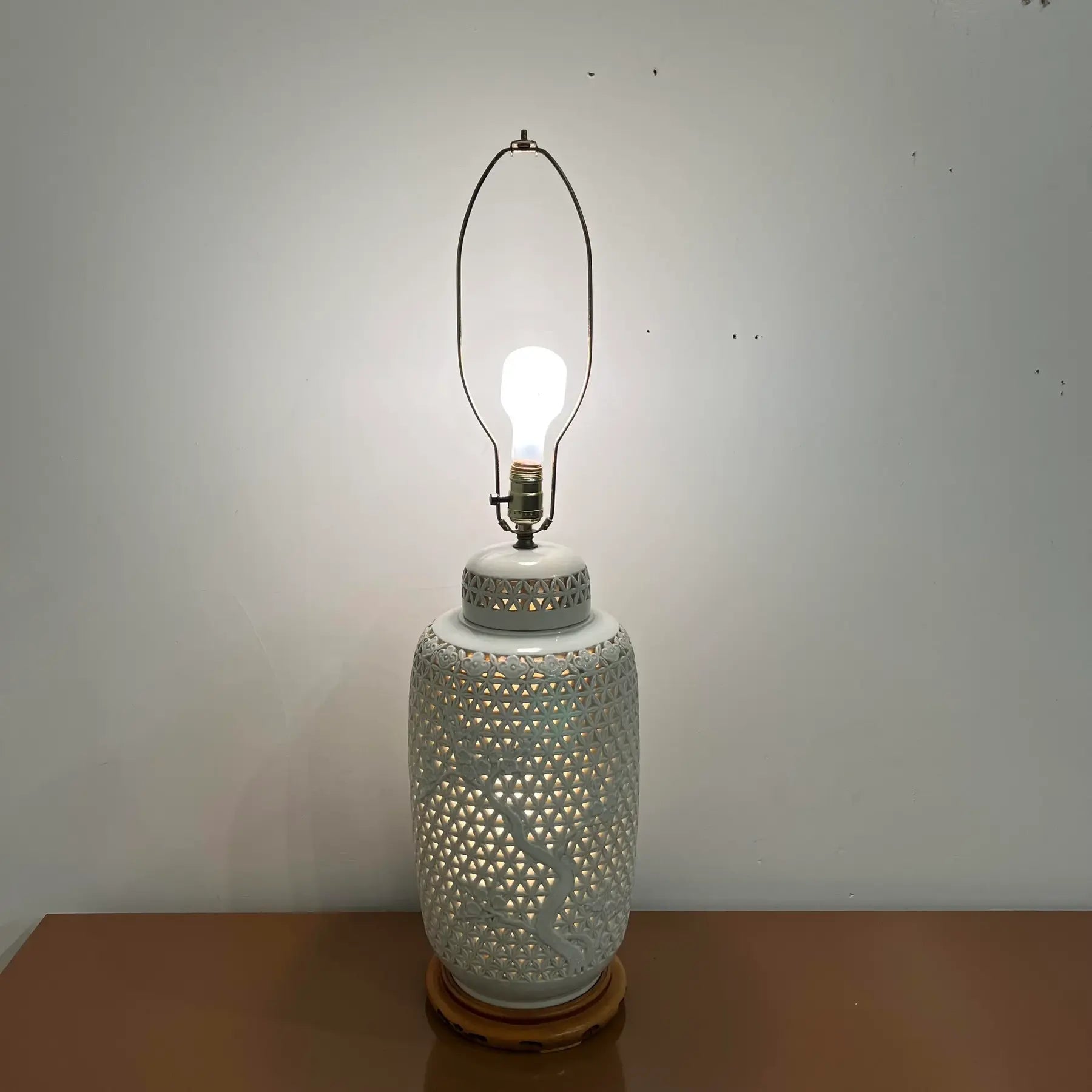 Mid-20th Century Cherry Blossom Pottery Lamp
