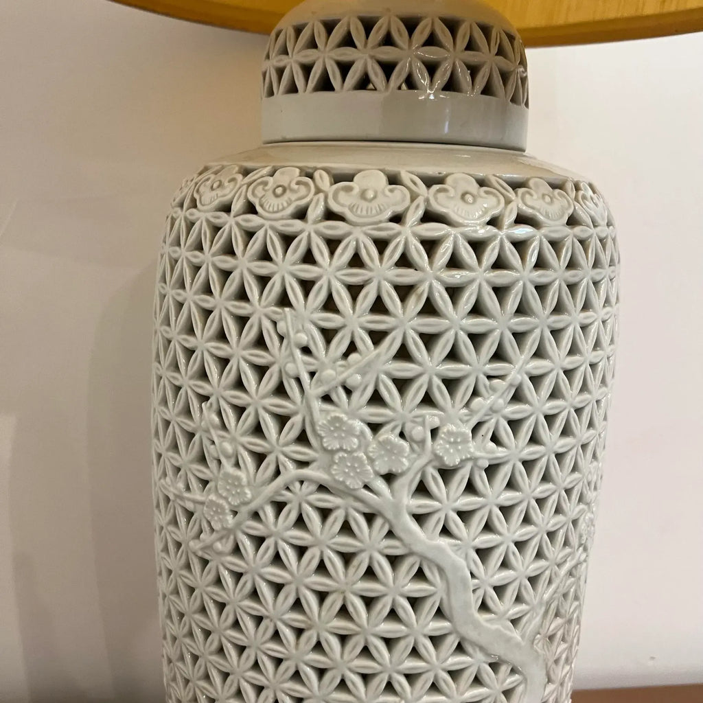 Mid-20th Century Cherry Blossom Pottery Lamp