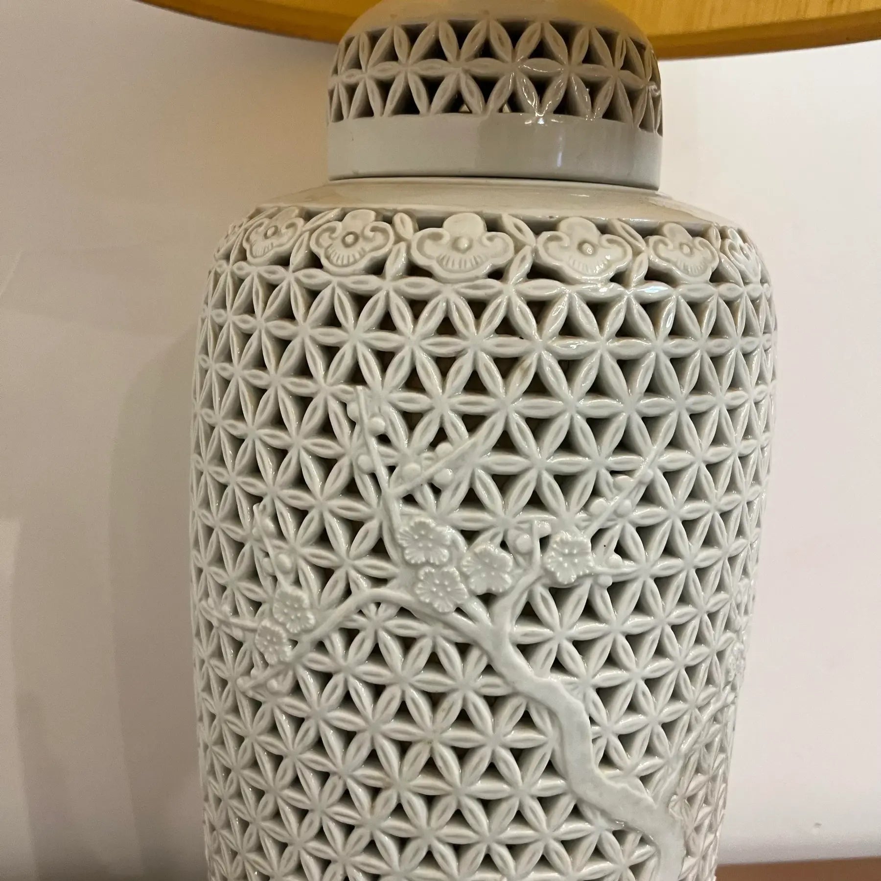 Mid-20th Century Cherry Blossom Pottery Lamp