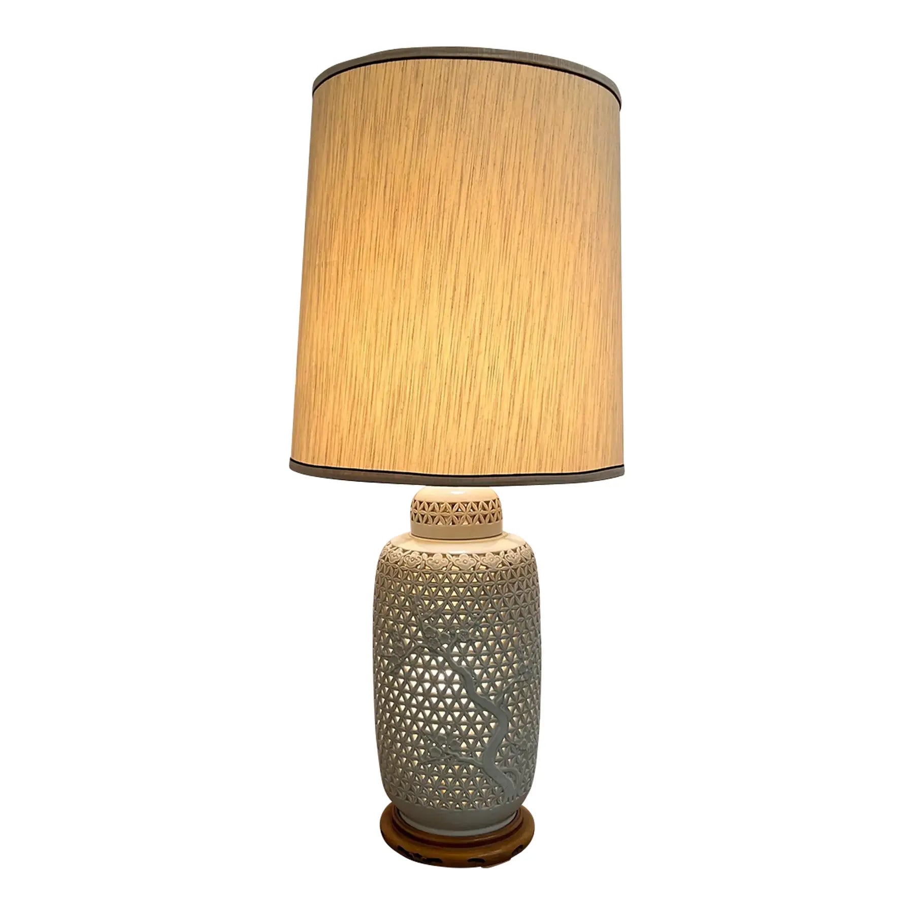 Mid-20th Century Cherry Blossom Pottery Lamp