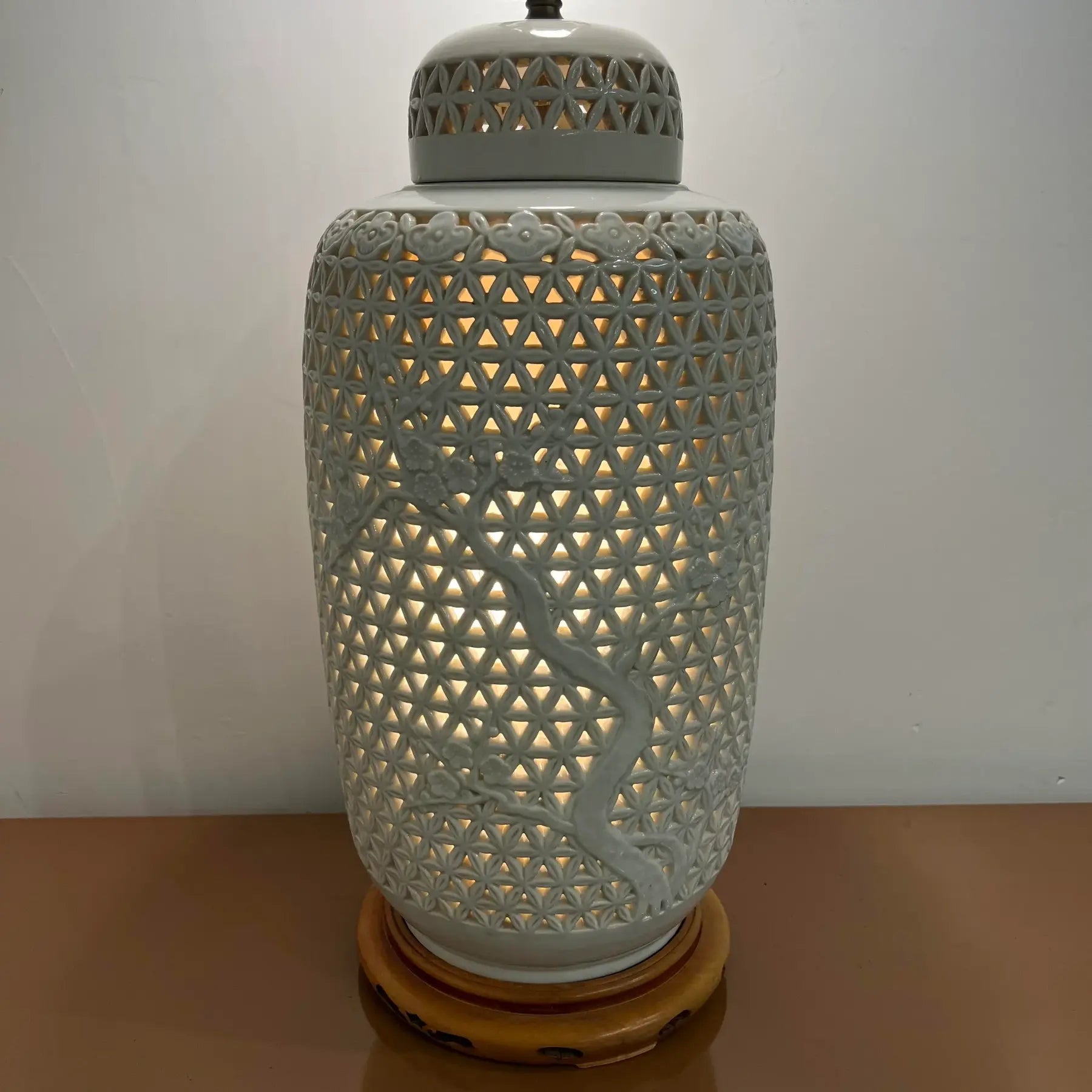 Mid-20th Century Cherry Blossom Pottery Lamp