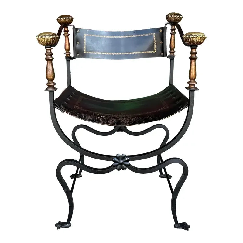 Mid-20th Century Iron and Tooled Leather Savonarola Chair