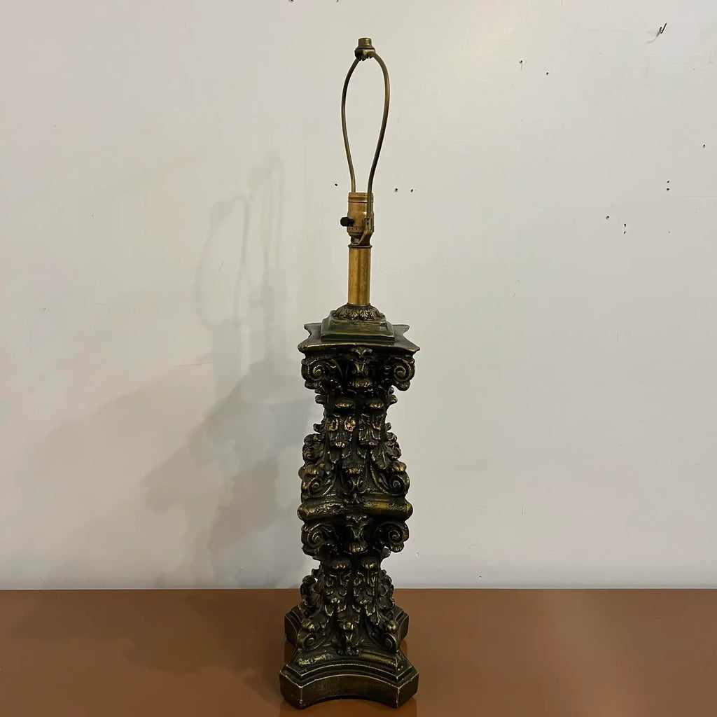 Mid-20th Century Large Ornate Gold and Bronze Lamp Plaster Column