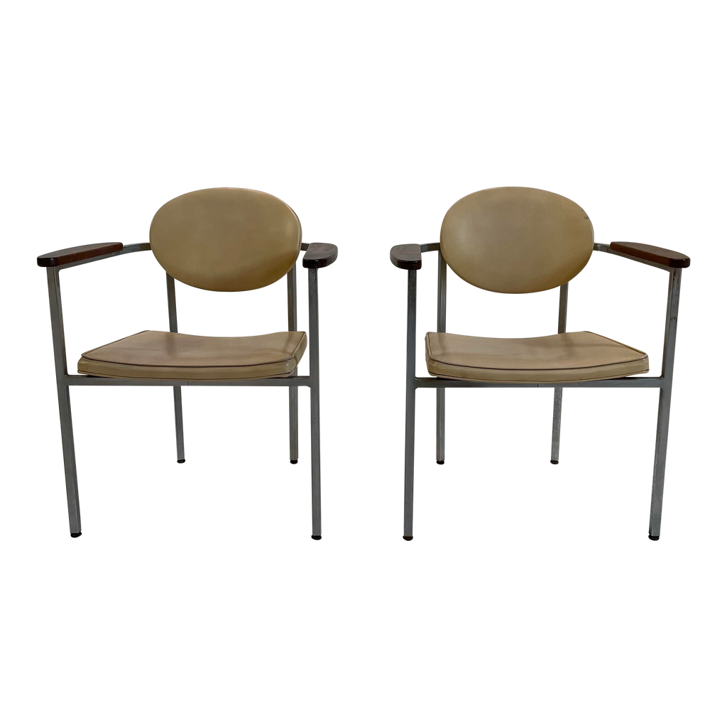 Metal Frame Chairs With Wood Arms - a Pair