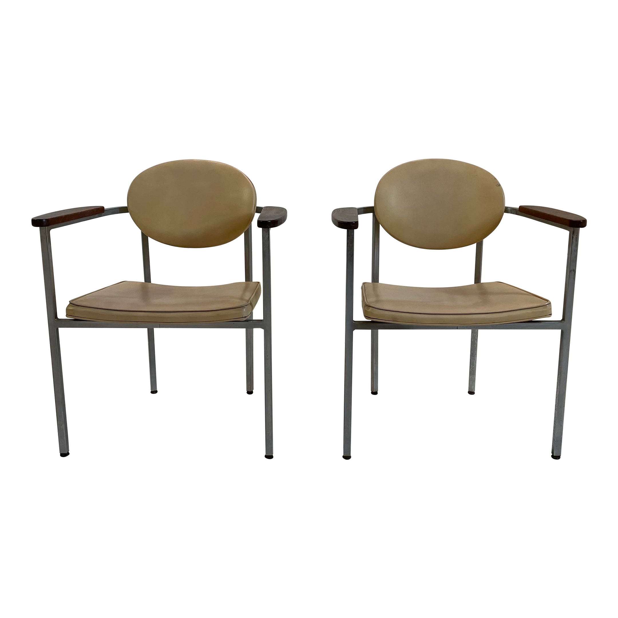 Metal Frame Chairs With Wood Arms - a Pair