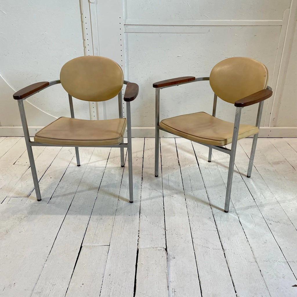 Metal Frame Chairs With Wood Arms - a Pair