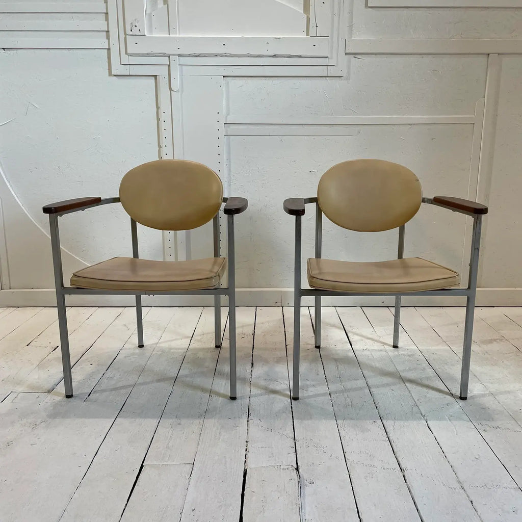 Mid 20th Century Metal Frame Chairs With Wood Arms - a Pair