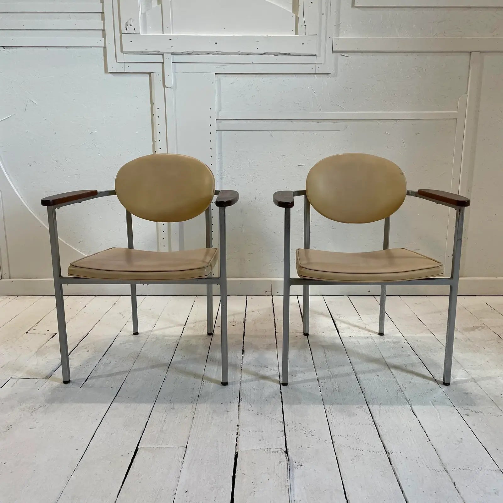 Mid 20th Century Metal Frame Chairs With Wood Arms - a Pair