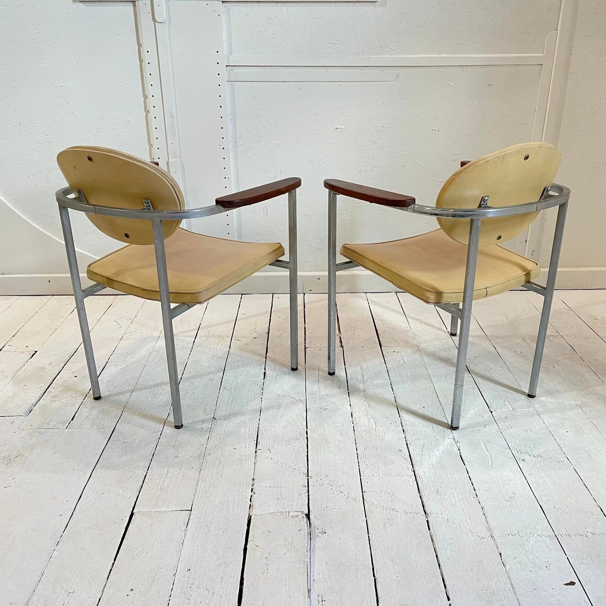 Metal Frame Chairs With Wood Arms - a Pair