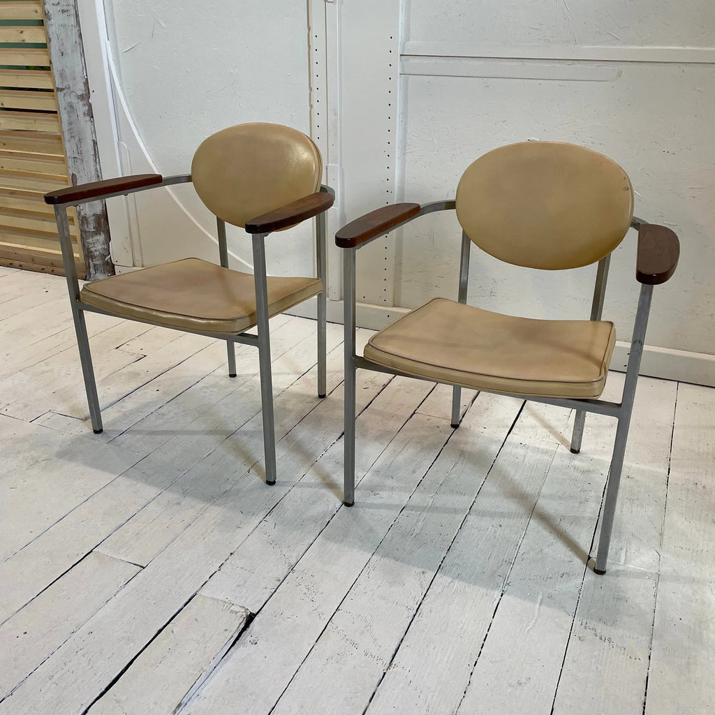 Metal Frame Chairs With Wood Arms - a Pair