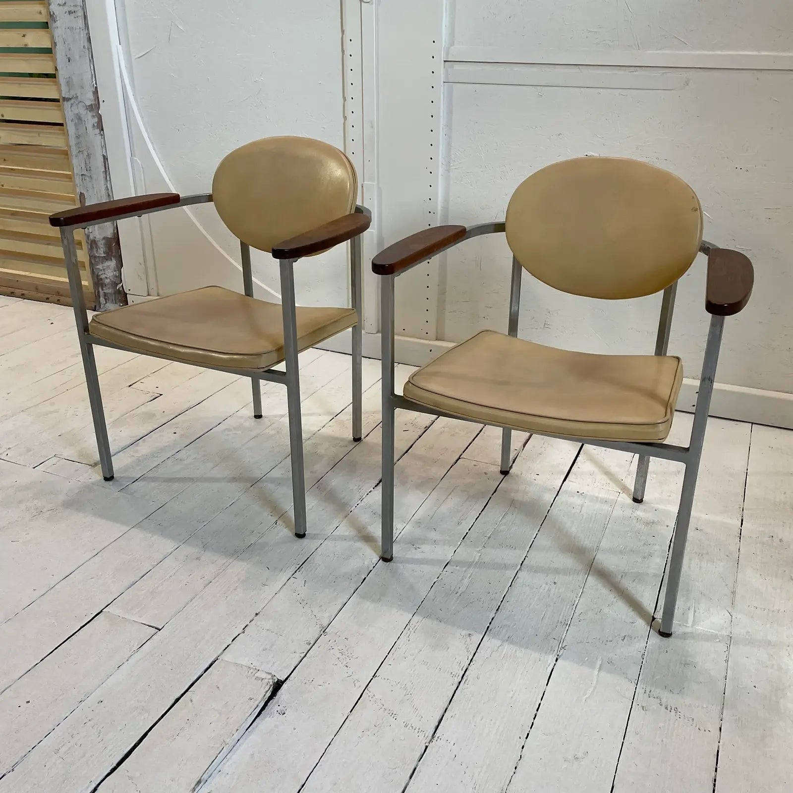 Mid 20th Century Metal Frame Chairs With Wood Arms - a Pair