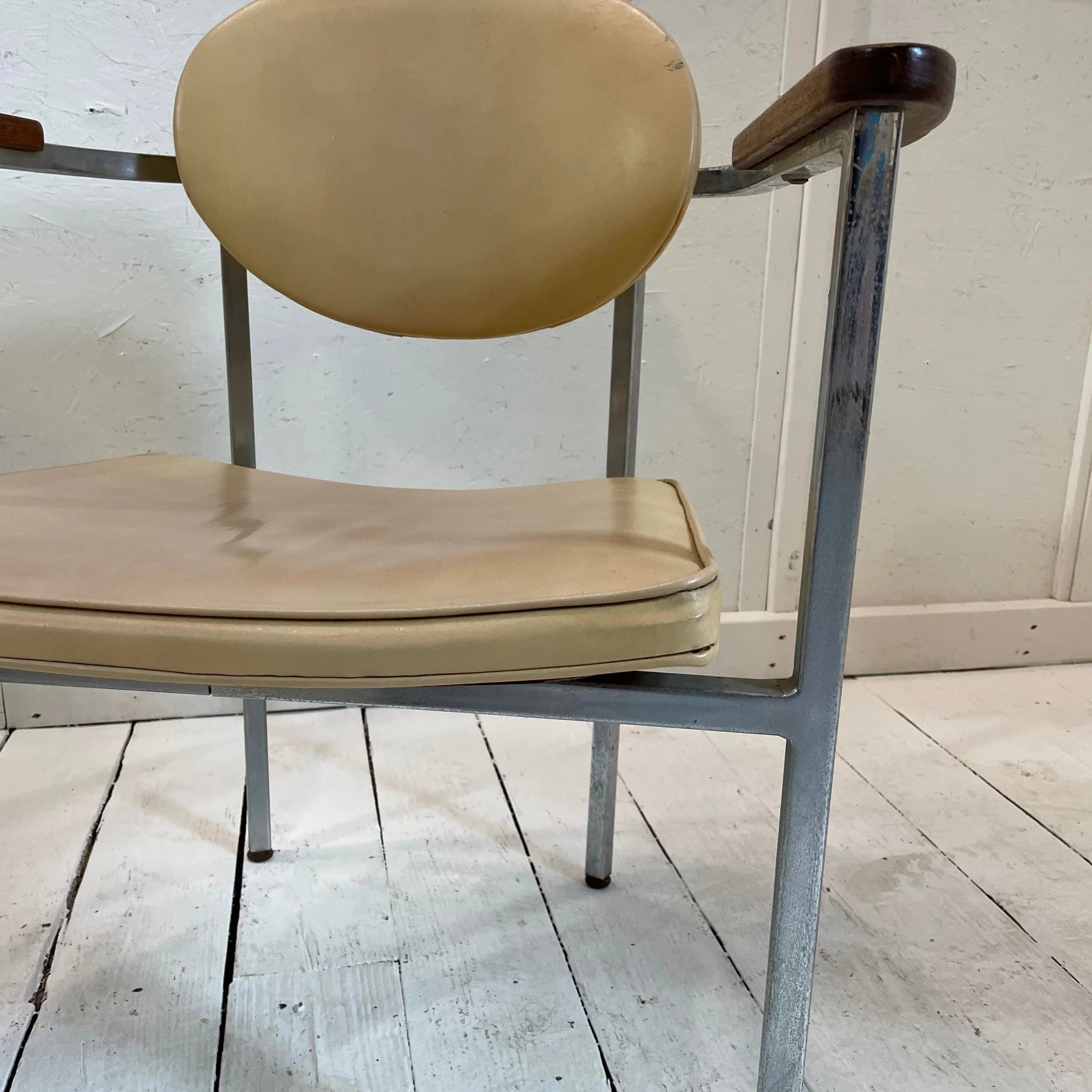 Metal Frame Chairs With Wood Arms - a Pair