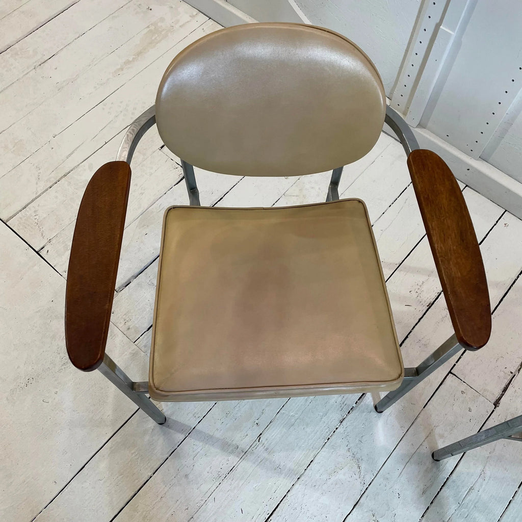 Metal Frame Chairs With Wood Arms - a Pair