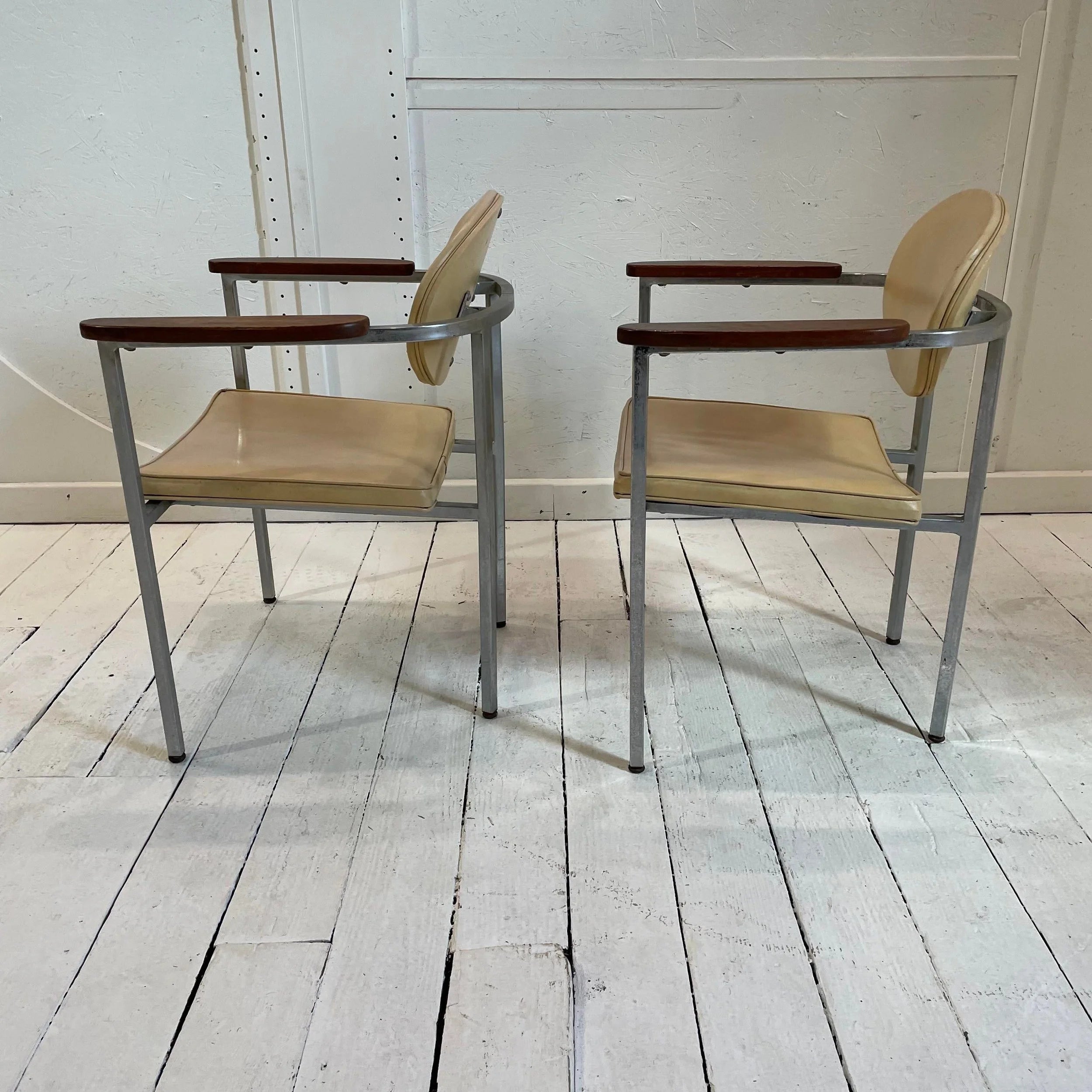 Metal Frame Chairs With Wood Arms - a Pair