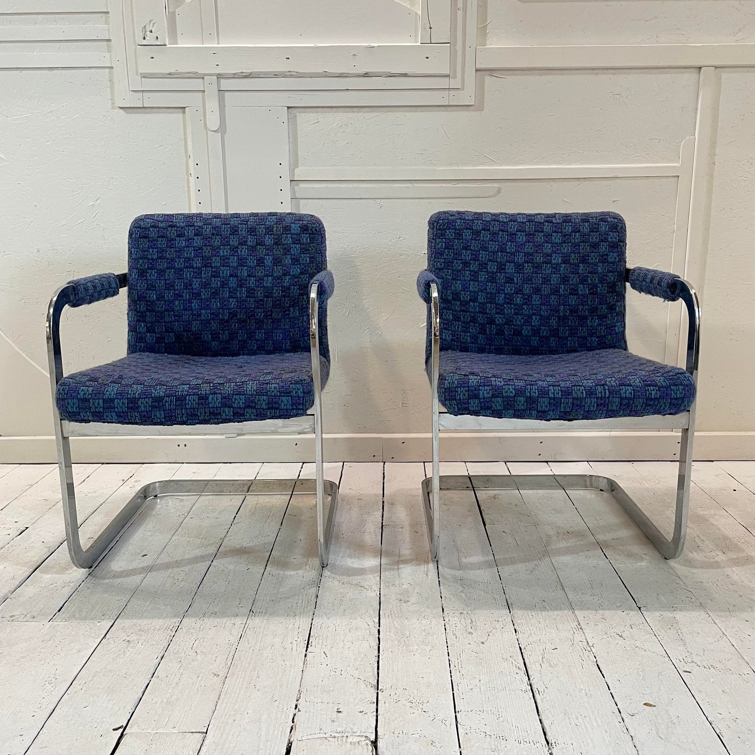 Pair of Milo Baughman Chrome and Blue Chairs