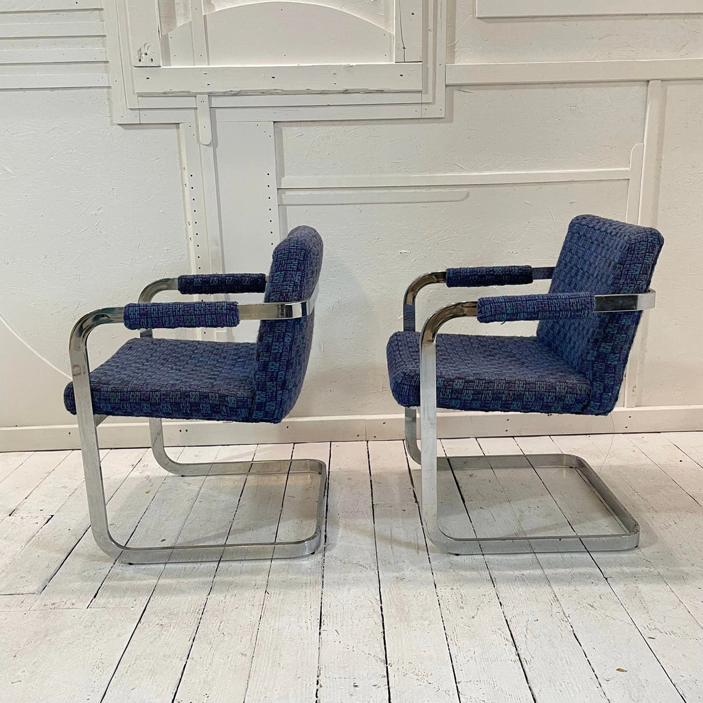 Pair of Milo Baughman Chrome and Blue Chairs