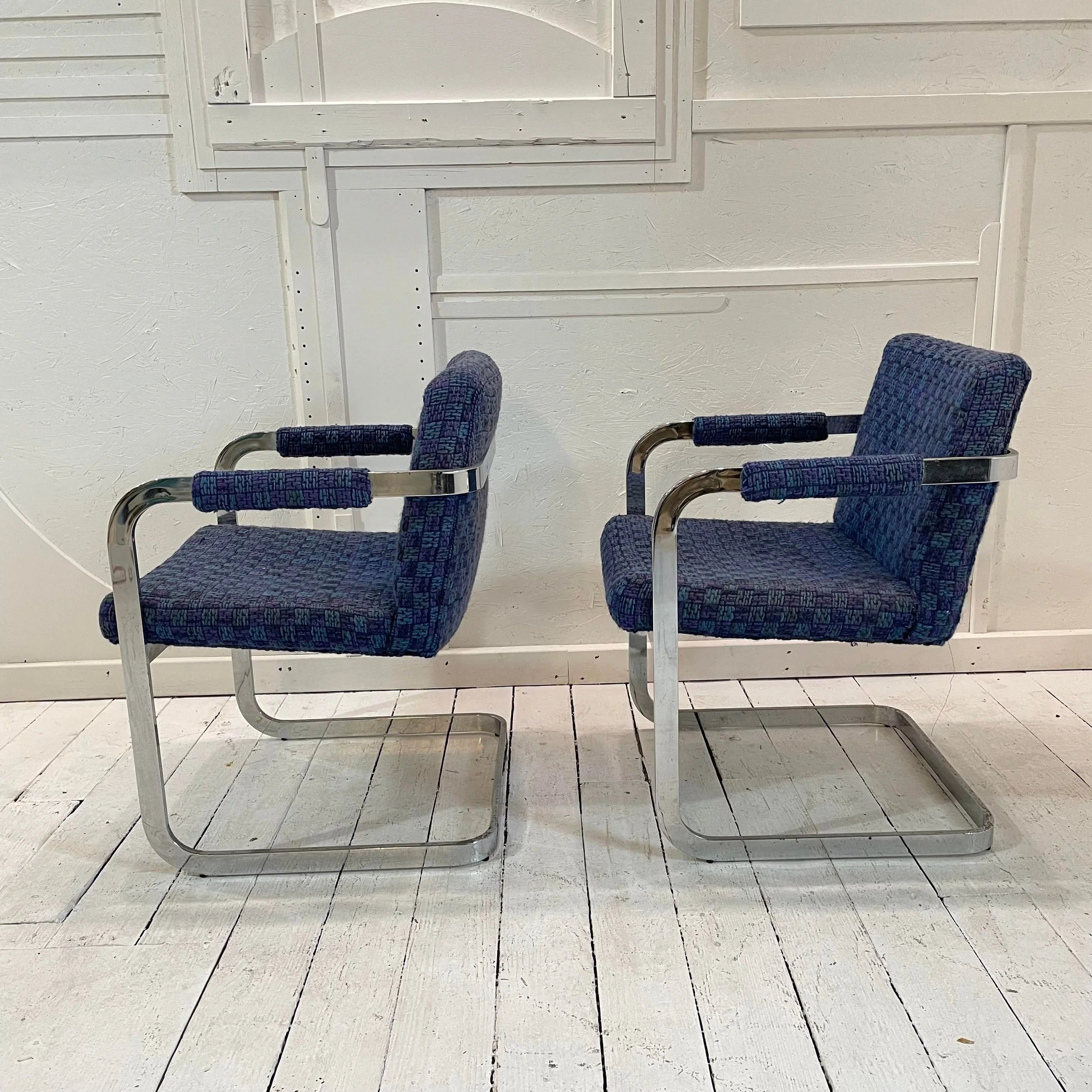 Pair of Milo Baughman Chrome and Blue Chairs