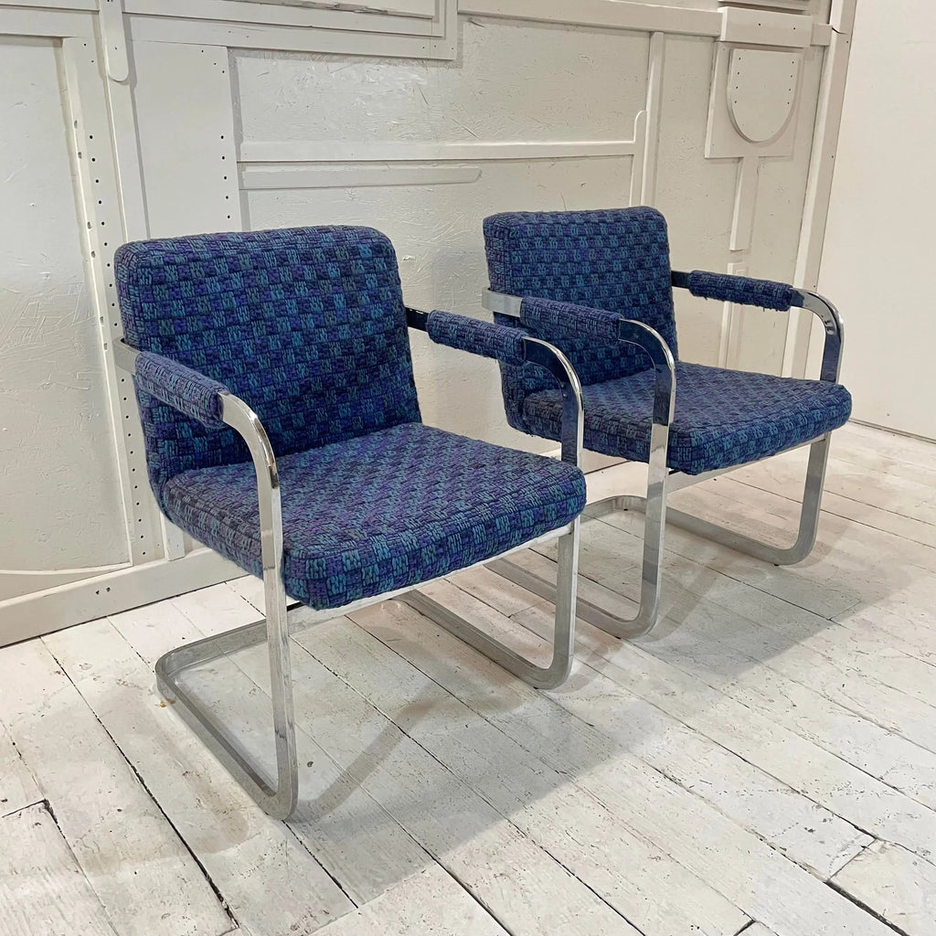 Pair of Milo Baughman Chrome and Blue Chairs