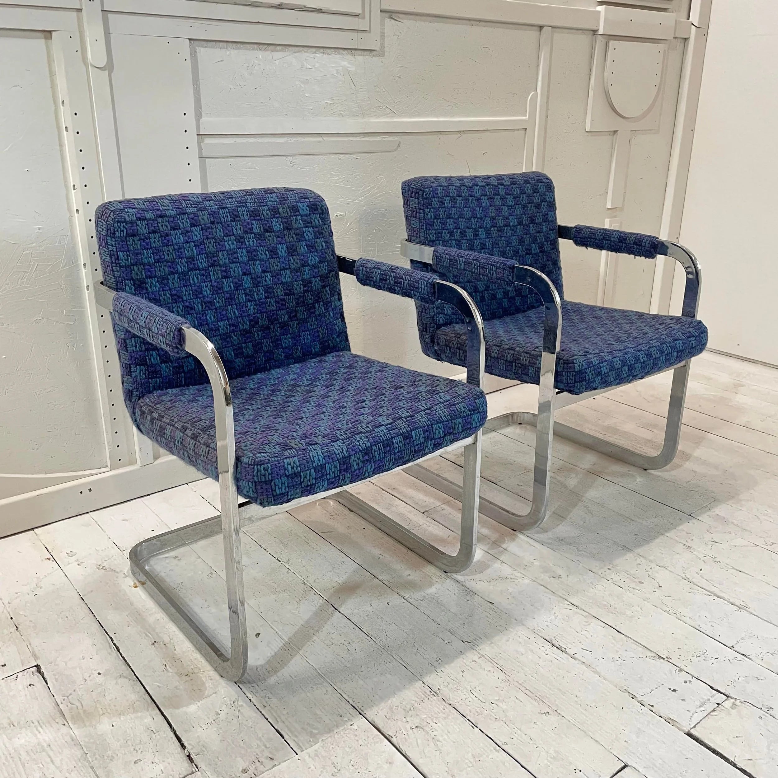 Pair of Milo Baughman Chrome and Blue Chairs