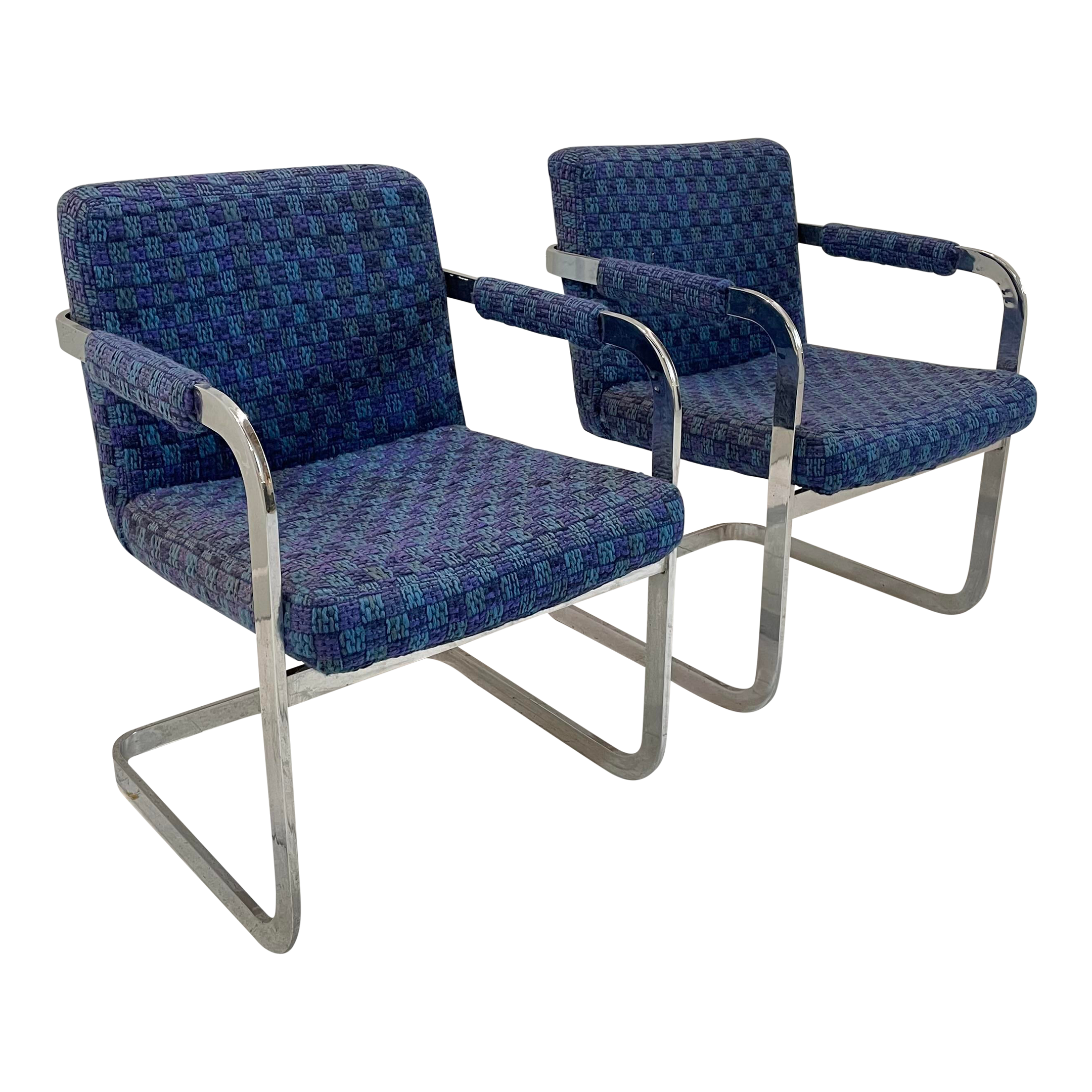 Pair of Milo Baughman Chrome and Blue Chairs