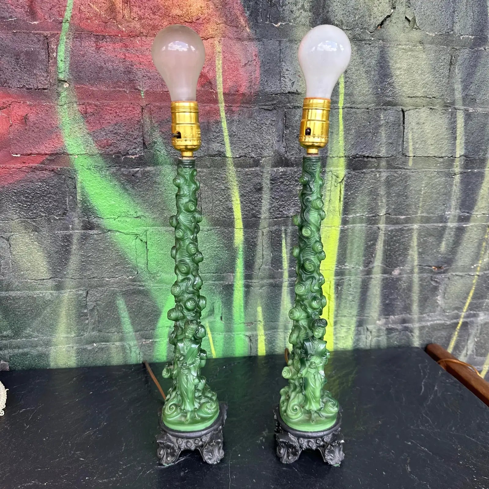 Mid 20th Century Pair of Chinoiserie Style Faux Jade Table Lamps