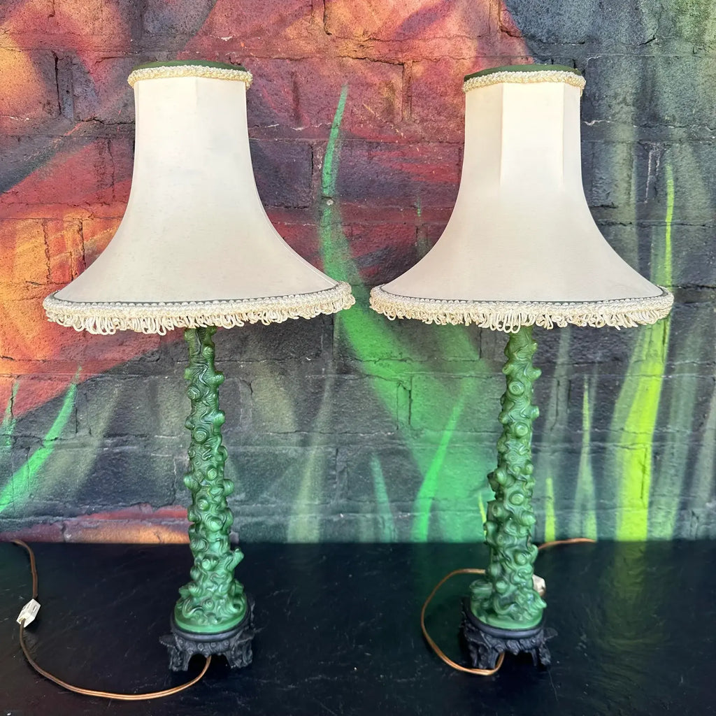 Mid 20th Century Pair of Chinoiserie Style Faux Jade Table Lamps