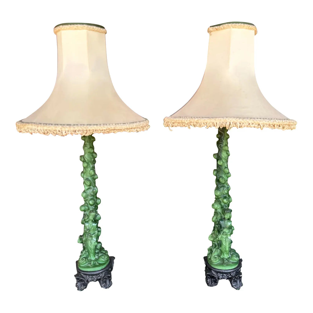 Mid 20th Century Pair of Chinoiserie Style Faux Jade Table Lamps