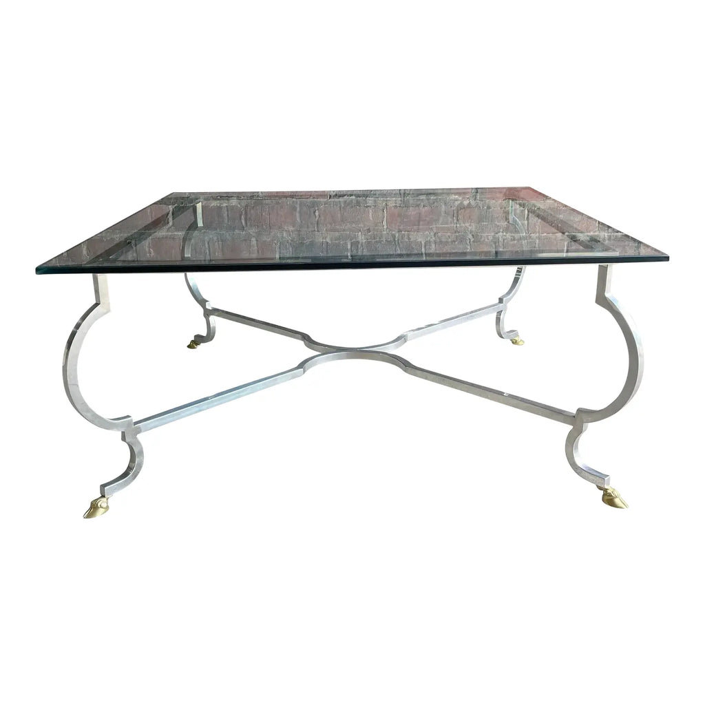 Mid 20th Century Square Chrome and Brass Hoof Base Coffee Table with Glass Top