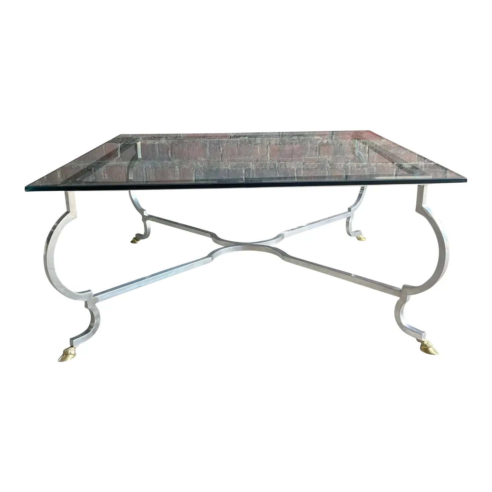 Mid 20th Century Square Chrome and Brass Hoof Base Coffee Table with Glass Top