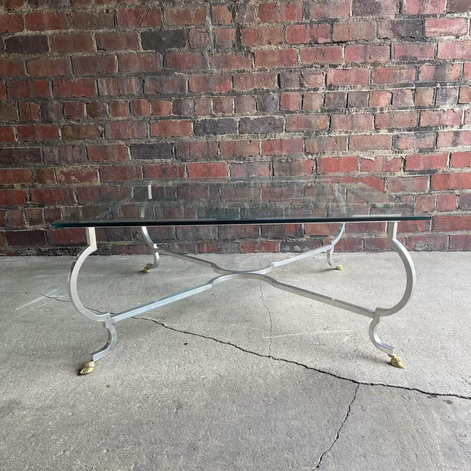 Mid 20th Century Square Chrome and Brass Hoof Base Coffee Table with Glass Top