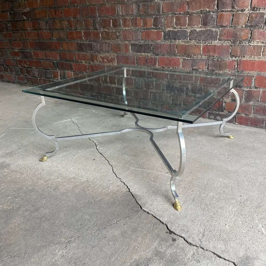 Mid 20th Century Square Chrome and Brass Hoof Base Coffee Table with Glass Top