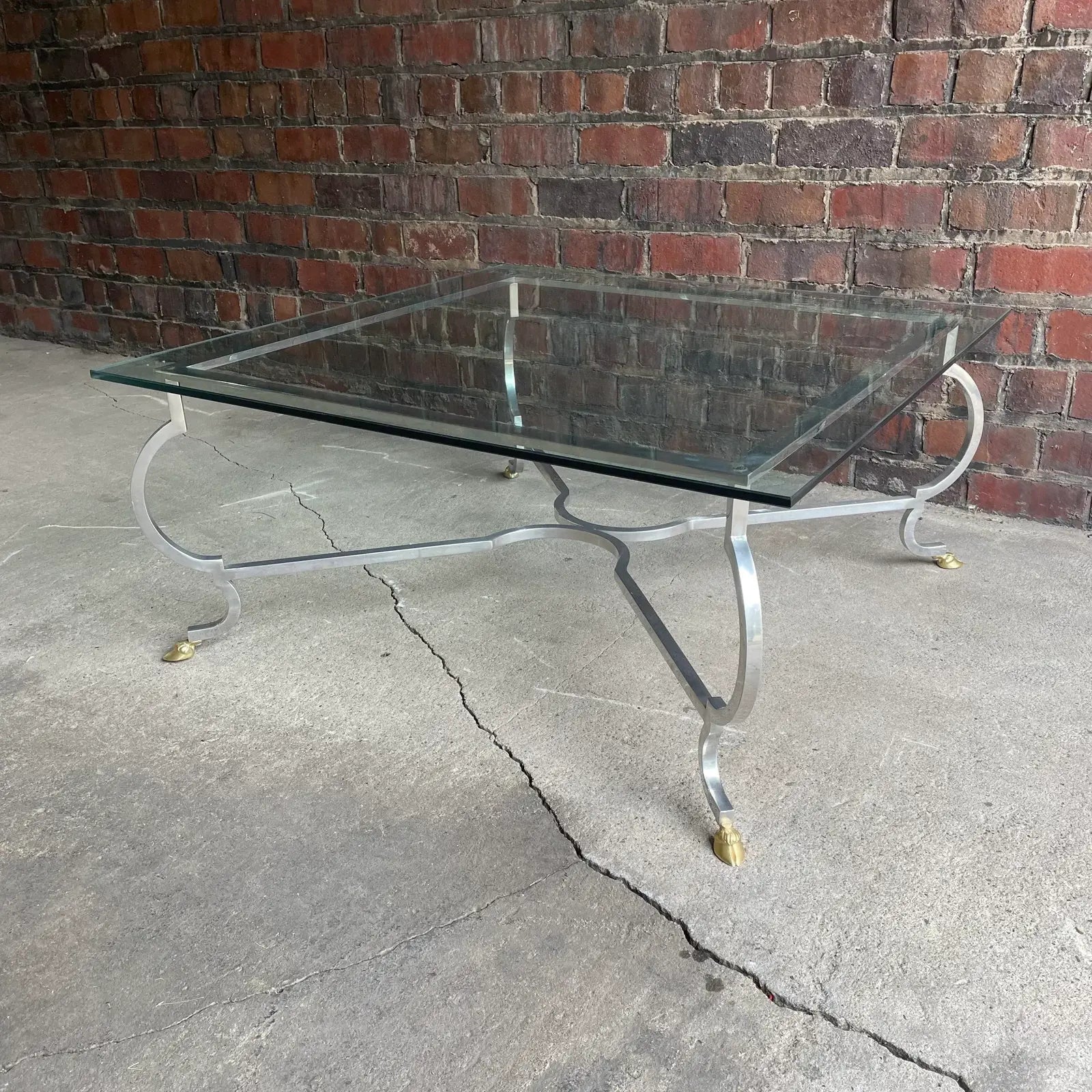 Mid 20th Century Square Chrome and Brass Hoof Base Coffee Table with Glass Top