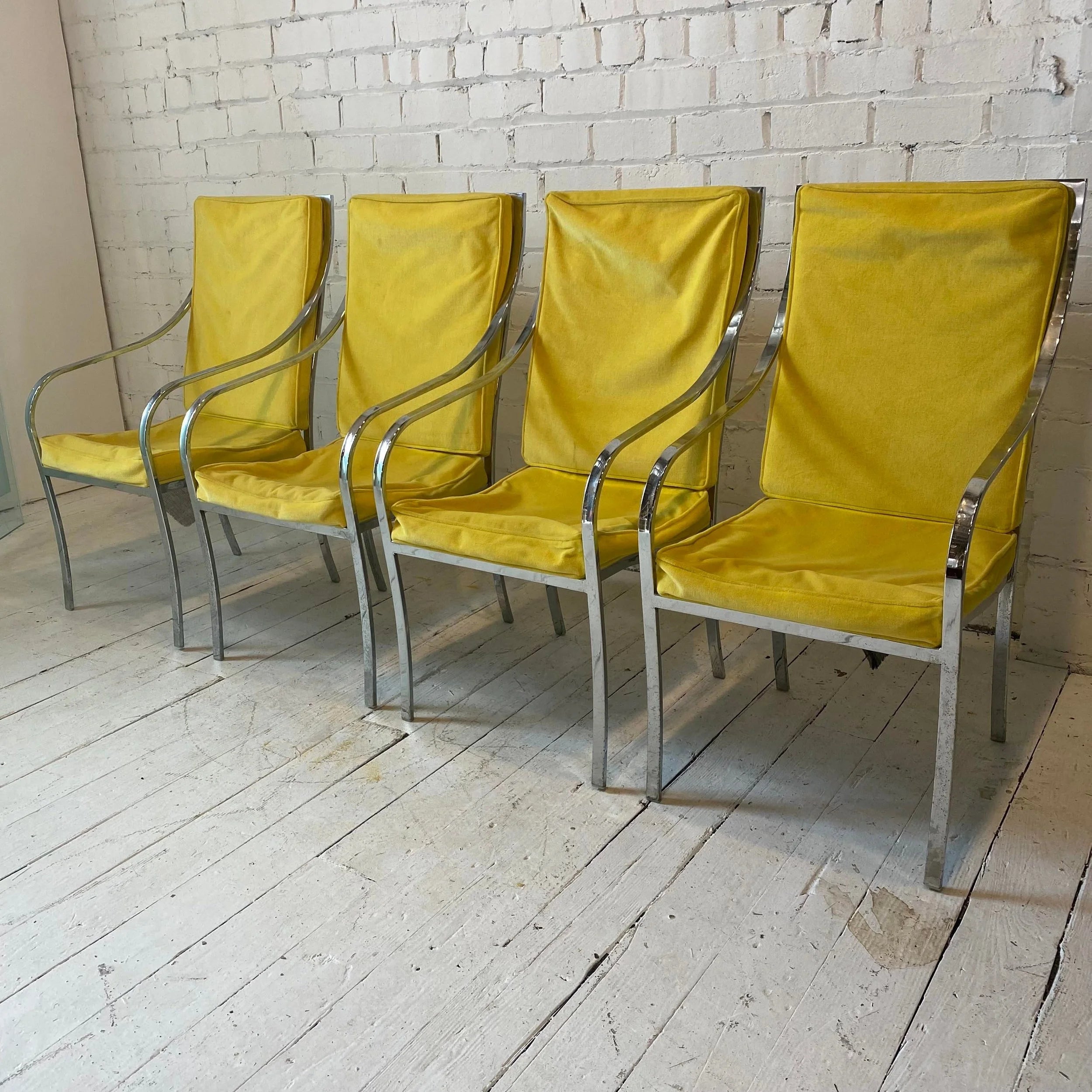 Set of 4 Yellow and Chrome Dining Chairs in the Style of Milo Baughman