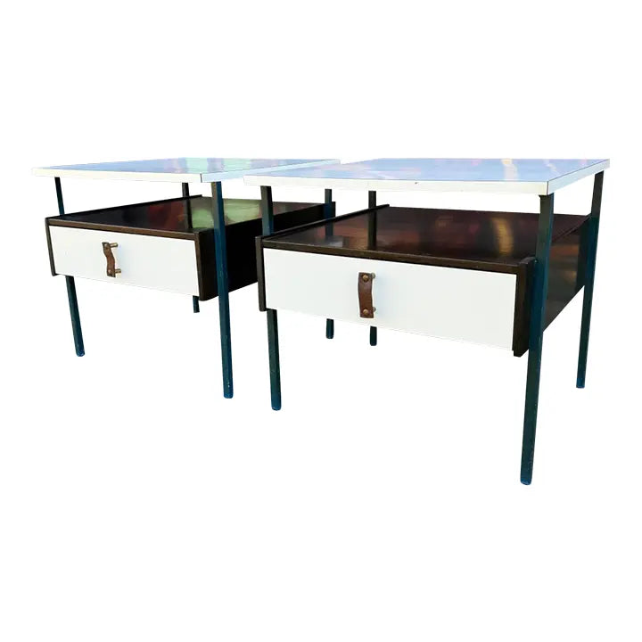 Mid-Century Modern Vista Furniture California Nightstands With Leather Pulls Walnut Laminate