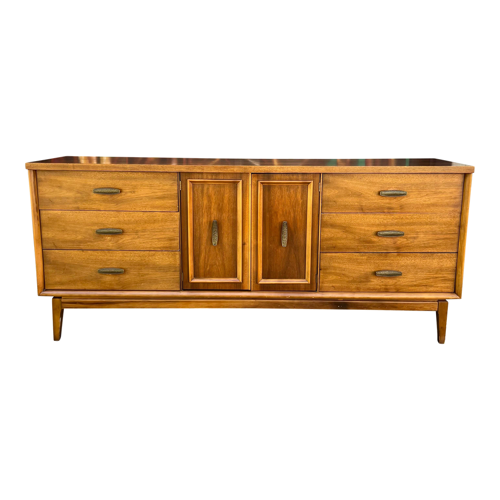 Mid Century Modern 9 Drawer Low Dresser With Brass Pulls