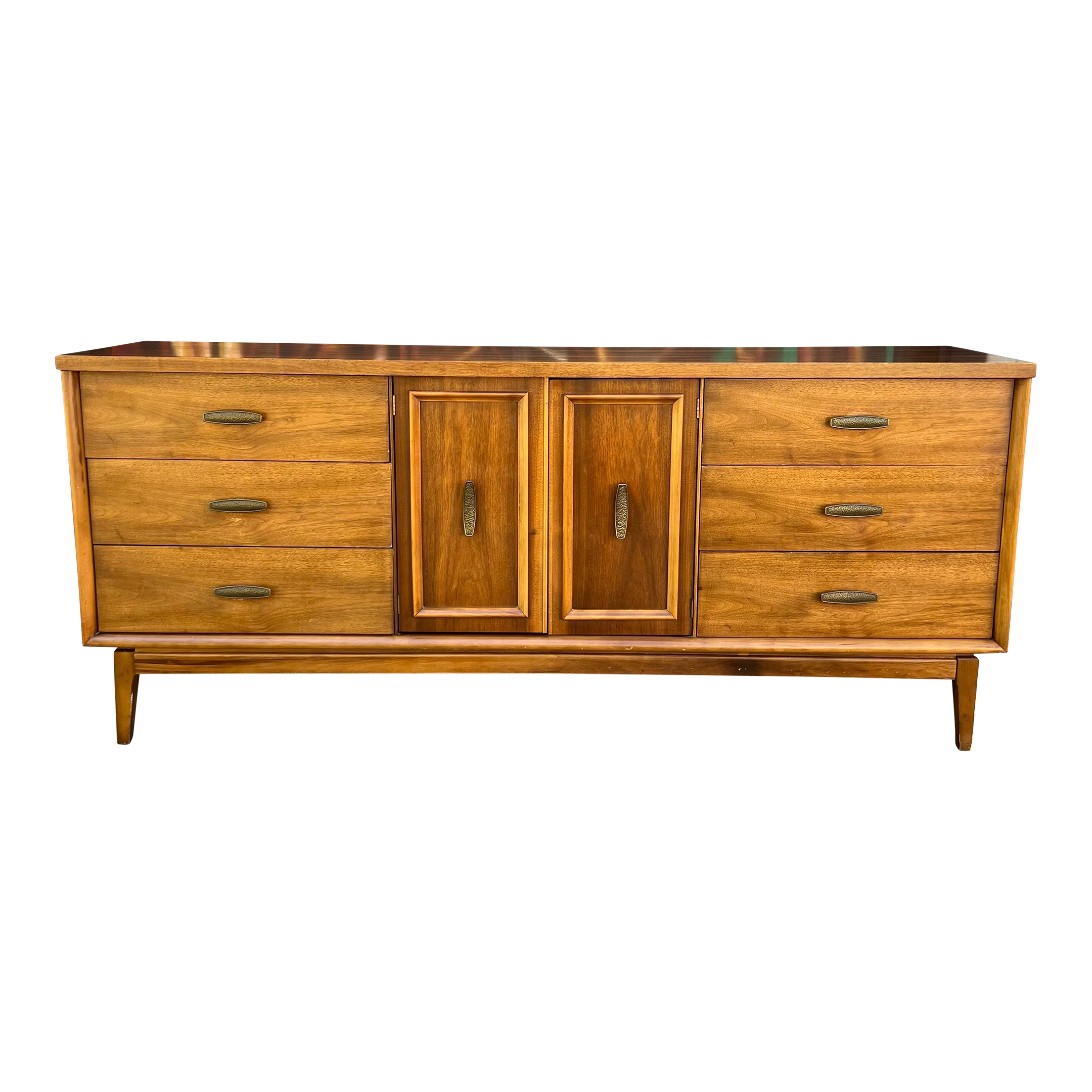 Mid Century Modern 9 Drawer Low Dresser With Brass Pulls
